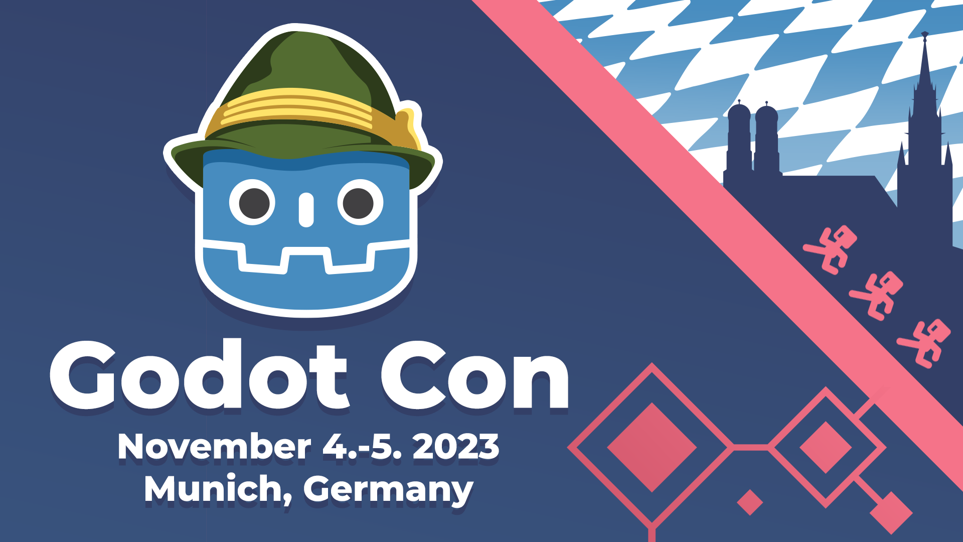 Cartel de la GodotCon 2023, 4 y 5 de noviembre de 2023 (en inglés), con el logo y mascota de Godot con un sombrero tirolés y la silueta de la ciudad de Múnich al fondo